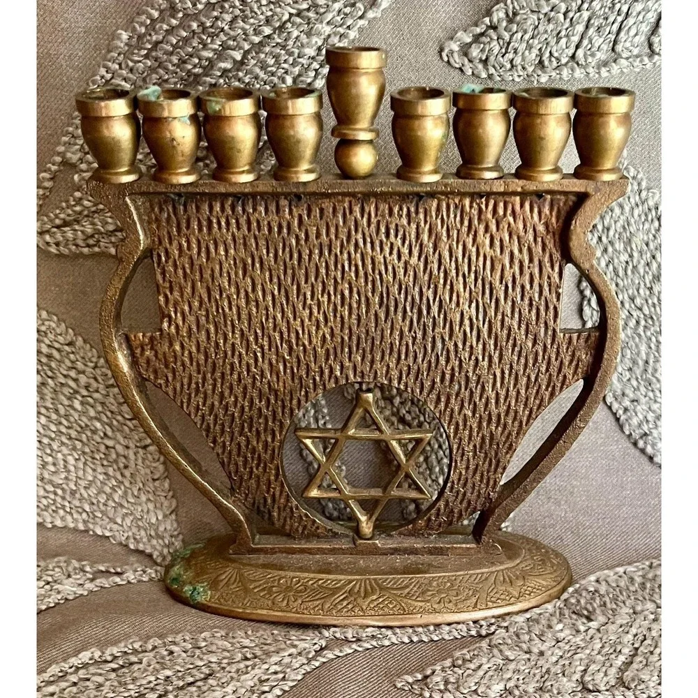 Vintage Brass Shalom Hanukkah Menorah Star of David 9 Branch Candelabra 6.25